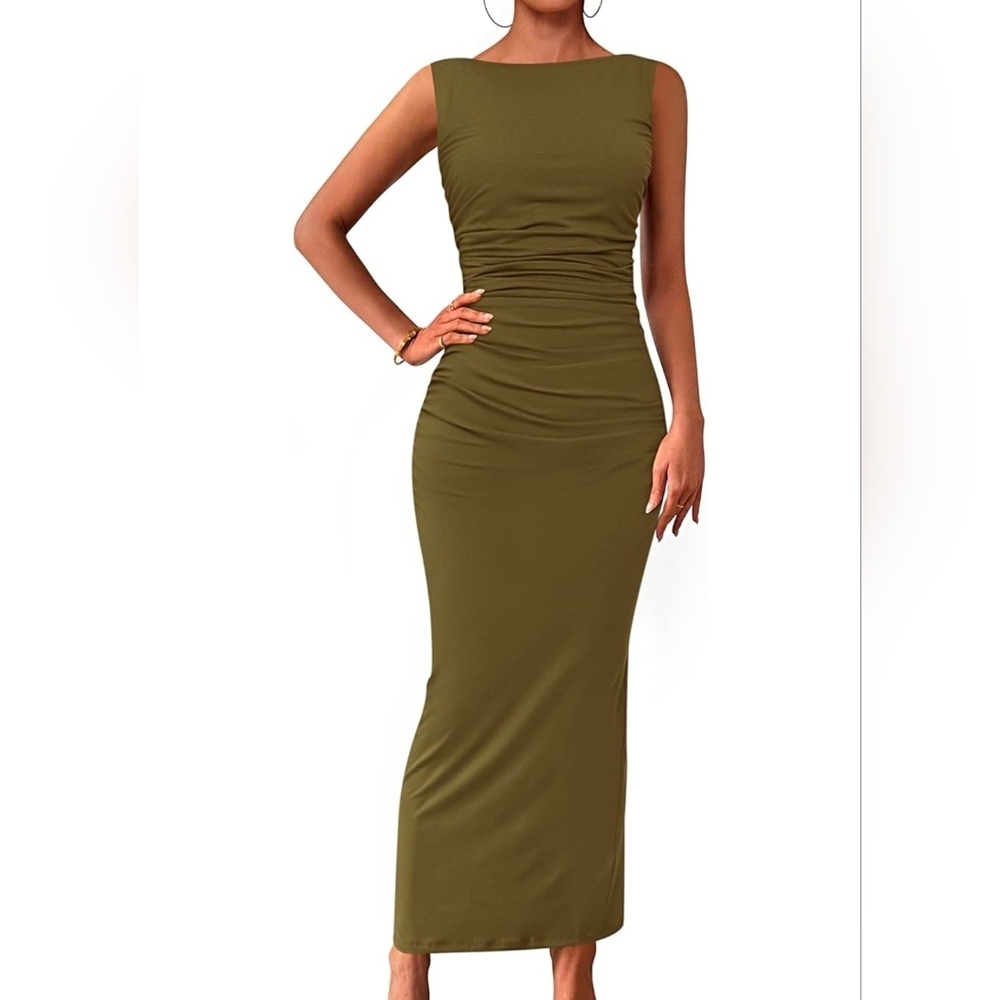 Sleeveless Olive Green Ruched Maxi Skirt Dress